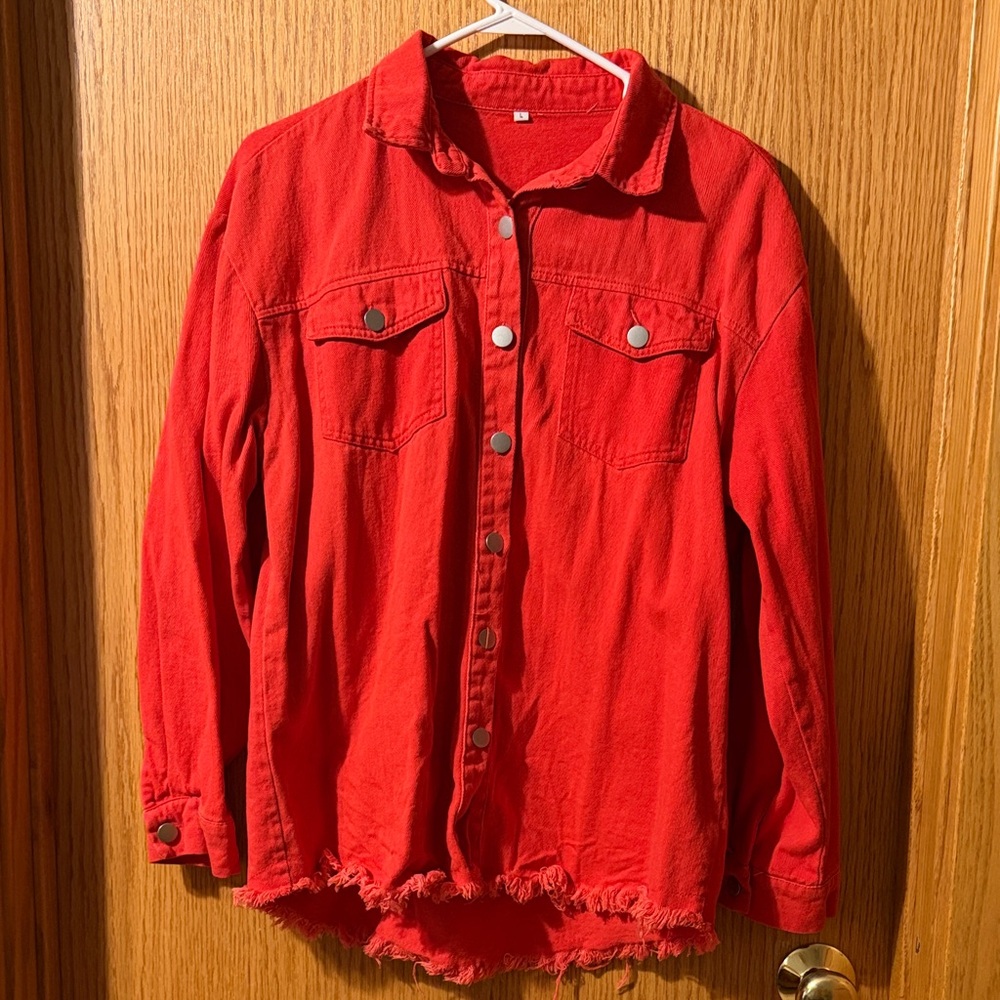 Red Button-Front Frayed Hem Jacket